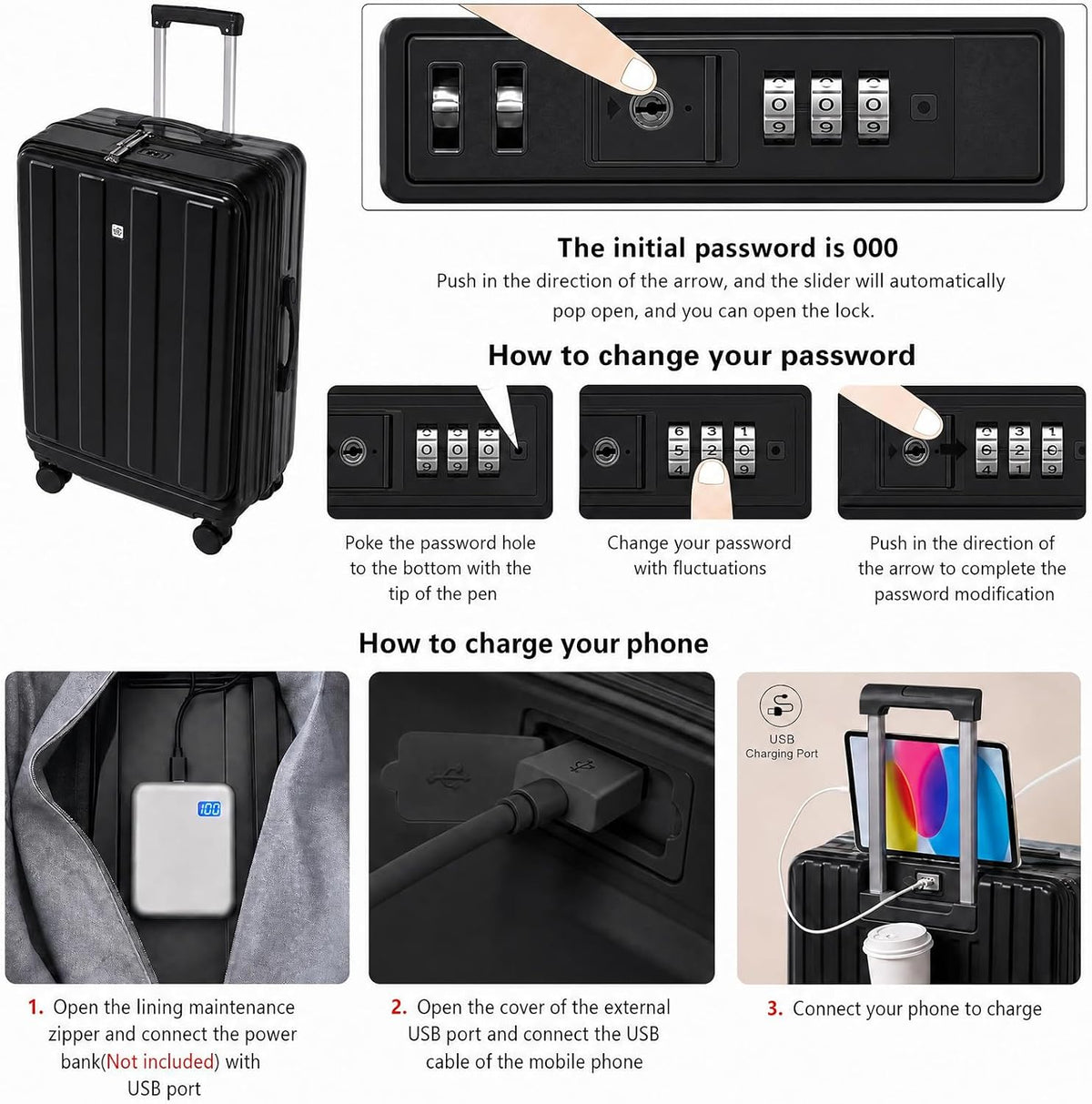Carry on Luggage Airline Approved,20 Inch Abs+Pc Hardshell Spinner Luggage With Cup Phone Holder and USB Charger,Front Pocket Durable Suitcase for Women Men-Black