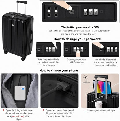 Carry on Luggage Airline Approved,20 Inch Abs+Pc Hardshell Spinner Luggage With Cup Phone Holder and USB Charger,Front Pocket Durable Suitcase for Women Men-Black