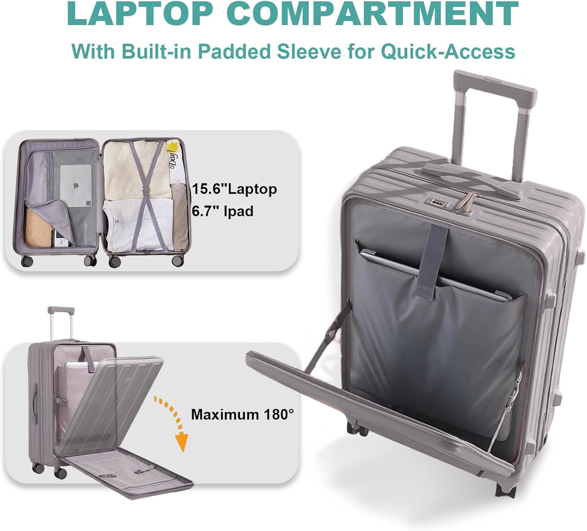 Carry on Luggage Airline Approved,20 Inch Abs+Pc Hardshell Spinner Luggage With Cup Phone Holder and USB Charger,Front Pocket Durable Suitcase for Women Men-Black