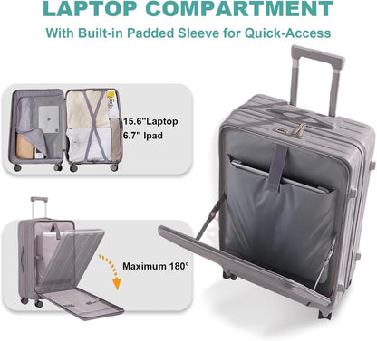 Carry on Luggage Airline Approved,20 Inch Abs+Pc Hardshell Spinner Luggage With Cup Phone Holder and USB Charger,Front Pocket Durable Suitcase for Women Men-Black