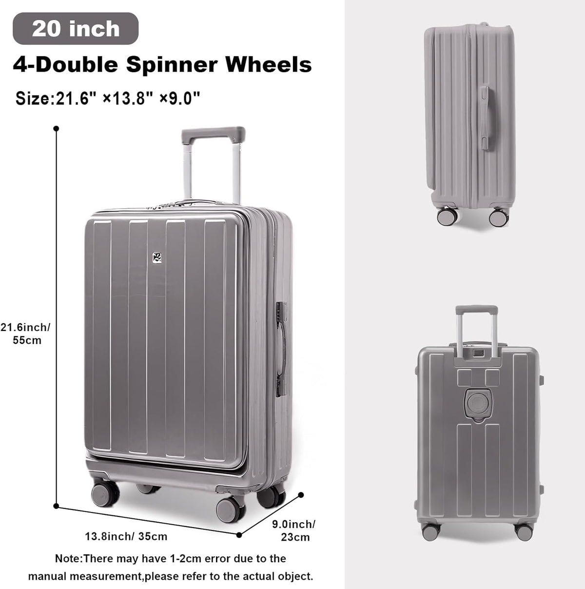 Carry on Luggage Airline Approved,20 Inch Abs+Pc Hardshell Spinner Luggage With Cup Phone Holder and USB Charger,Front Pocket Durable Suitcase for Women Men-Black