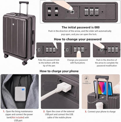 Carry on Luggage Airline Approved,20 Inch Abs+Pc Hardshell Spinner Luggage With Cup Phone Holder and USB Charger,Front Pocket Durable Suitcase for Women Men-Black