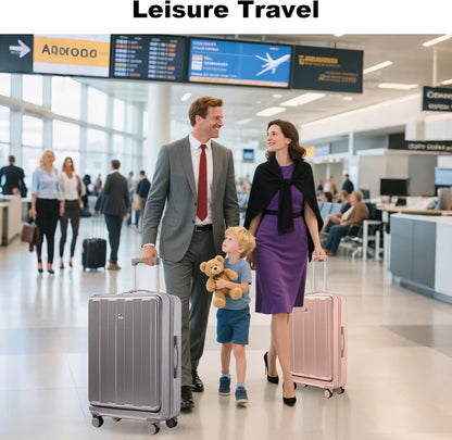 Carry on Luggage Airline Approved,20 Inch Abs+Pc Hardshell Spinner Luggage With Cup Phone Holder and USB Charger,Front Pocket Durable Suitcase for Women Men-Black