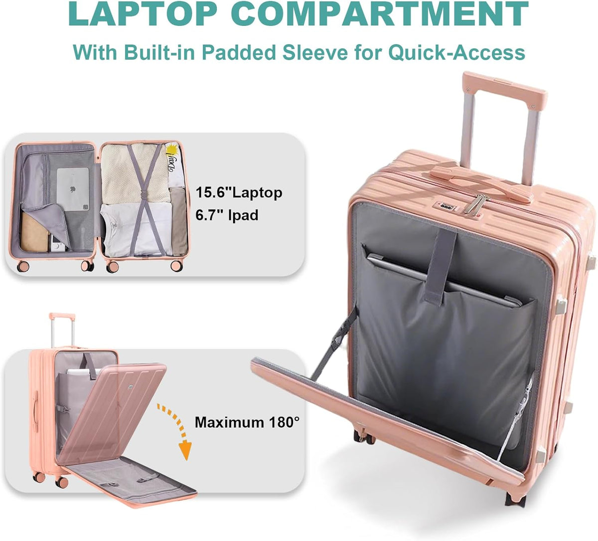 Carry on Luggage Airline Approved,20 Inch Abs+Pc Hardshell Spinner Luggage With Cup Phone Holder and USB Charger,Front Pocket Durable Suitcase for Women Men-Black