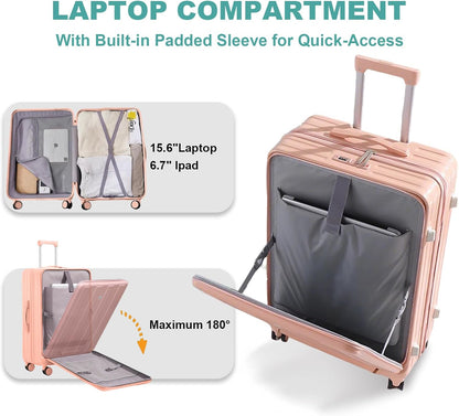 Carry on Luggage Airline Approved,20 Inch Abs+Pc Hardshell Spinner Luggage With Cup Phone Holder and USB Charger,Front Pocket Durable Suitcase for Women Men-Black