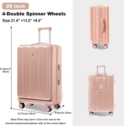 Carry on Luggage Airline Approved,20 Inch Abs+Pc Hardshell Spinner Luggage With Cup Phone Holder and USB Charger,Front Pocket Durable Suitcase for Women Men-Black