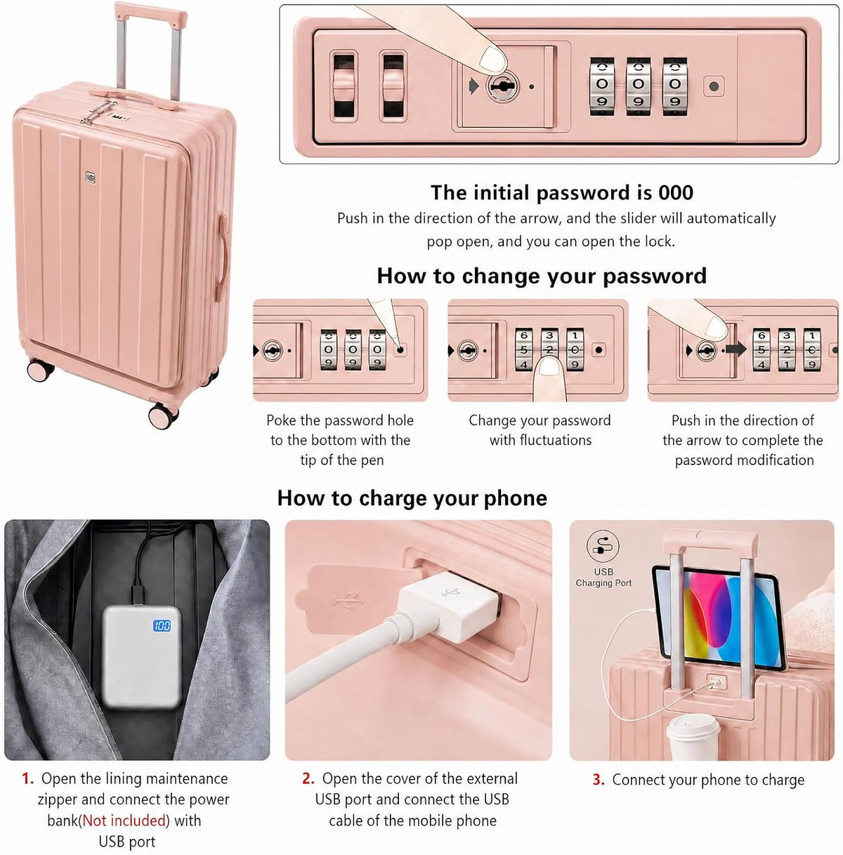Carry on Luggage Airline Approved,20 Inch Abs+Pc Hardshell Spinner Luggage With Cup Phone Holder and USB Charger,Front Pocket Durable Suitcase for Women Men-Black