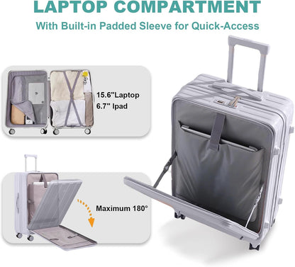 Carry on Luggage Airline Approved,20 Inch Abs+Pc Hardshell Spinner Luggage With Cup Phone Holder and USB Charger,Front Pocket Durable Suitcase for Women Men-Black