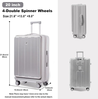 Carry on Luggage Airline Approved,20 Inch Abs+Pc Hardshell Spinner Luggage With Cup Phone Holder and USB Charger,Front Pocket Durable Suitcase for Women Men-Black