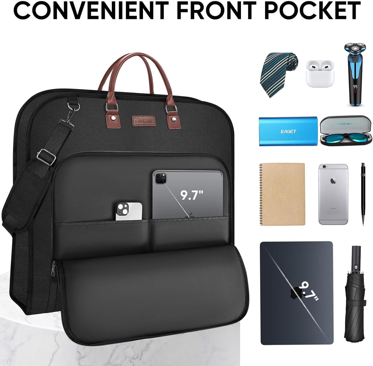 Travel Garment Bag, Travel Suit Bag for Men, Water Resistant Carry on Garment Bag for Hanging Clothes, Garment Duffel Bag for Travel Business (Pure Black-Convertible)