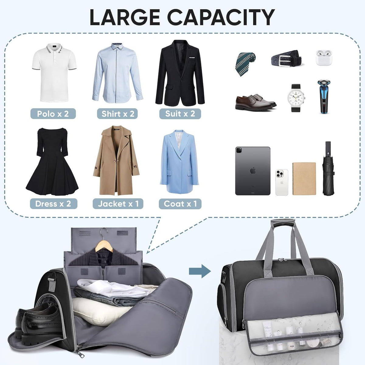 Travel Garment Bag, Travel Suit Bag for Men, Water Resistant Carry on Garment Bag for Hanging Clothes, Garment Duffel Bag for Travel Business (Pure Black-Convertible)