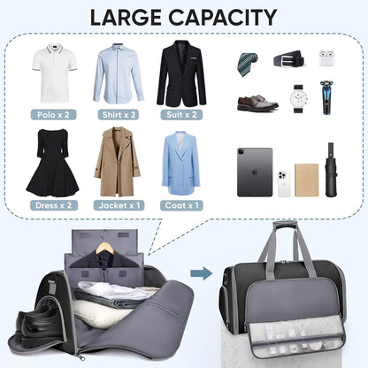 Travel Garment Bag, Travel Suit Bag for Men, Water Resistant Carry on Garment Bag for Hanging Clothes, Garment Duffel Bag for Travel Business (Pure Black-Convertible)