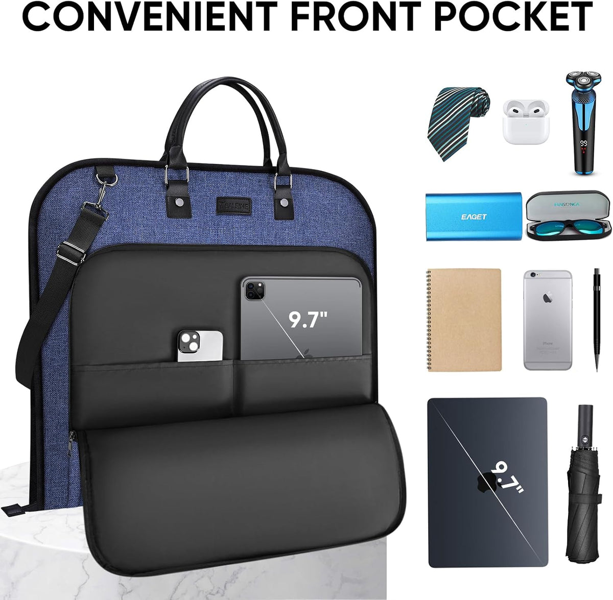 Travel Garment Bag, Travel Suit Bag for Men, Water Resistant Carry on Garment Bag for Hanging Clothes, Garment Duffel Bag for Travel Business (Pure Black-Convertible)