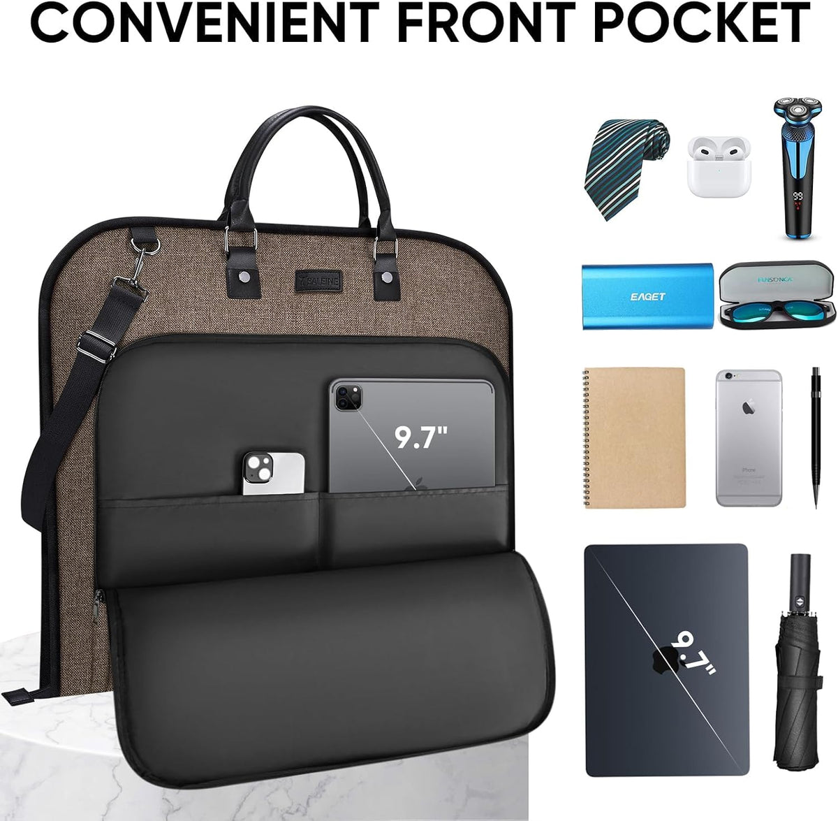 Travel Garment Bag, Travel Suit Bag for Men, Water Resistant Carry on Garment Bag for Hanging Clothes, Garment Duffel Bag for Travel Business (Pure Black-Convertible)