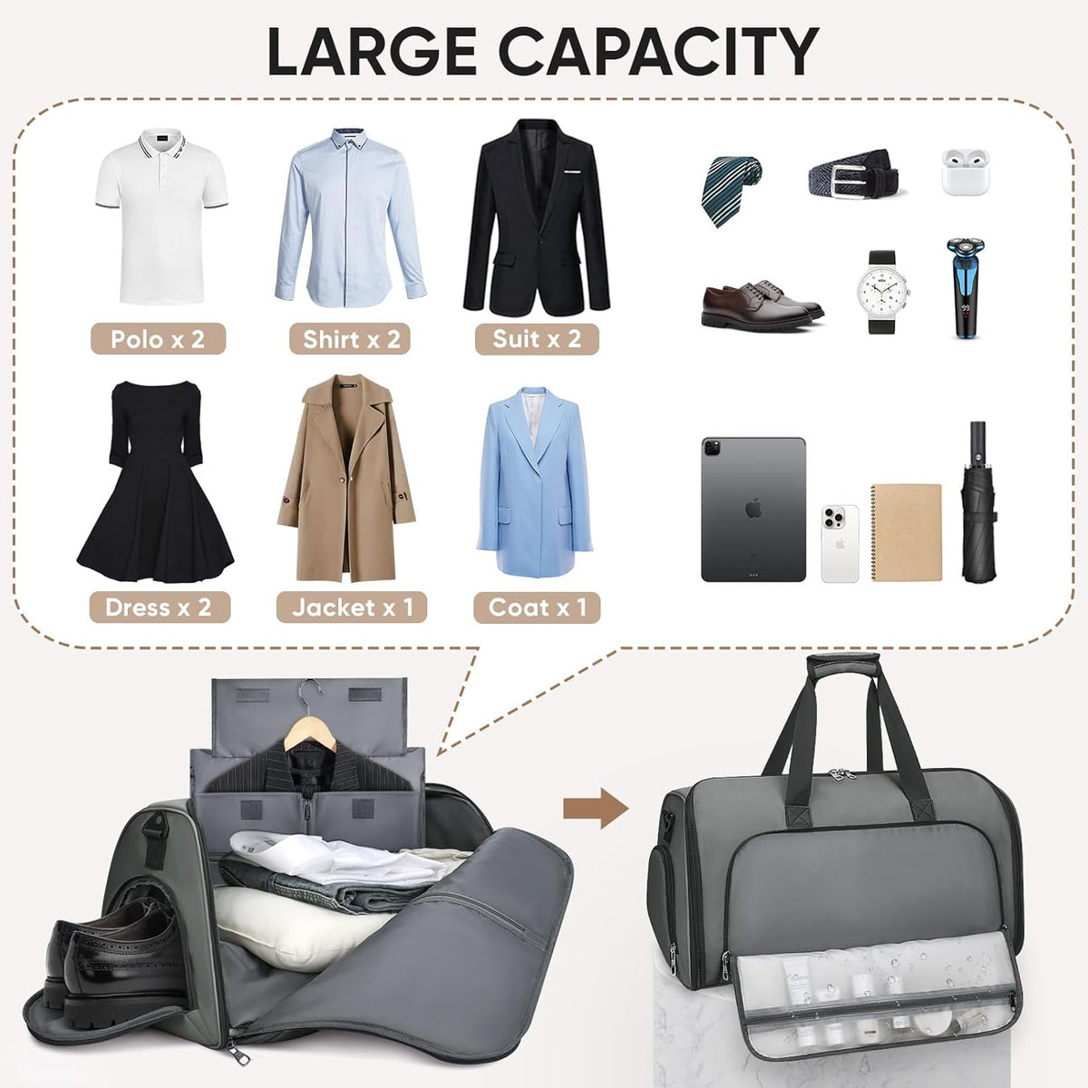Travel Garment Bag, Travel Suit Bag for Men, Water Resistant Carry on Garment Bag for Hanging Clothes, Garment Duffel Bag for Travel Business (Pure Black-Convertible)