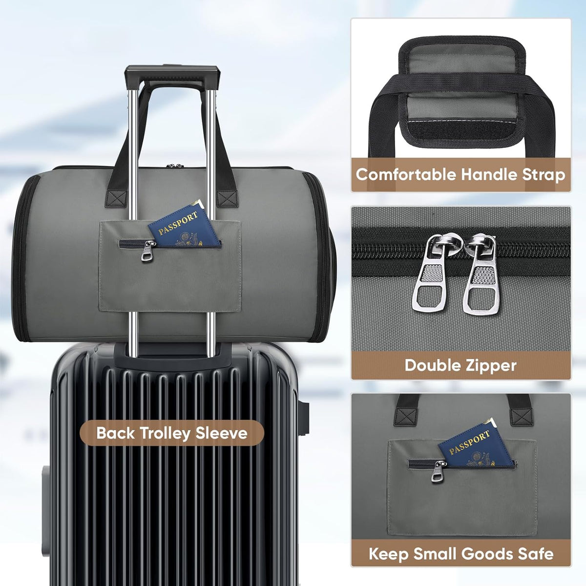 Travel Garment Bag, Travel Suit Bag for Men, Water Resistant Carry on Garment Bag for Hanging Clothes, Garment Duffel Bag for Travel Business (Pure Black-Convertible)