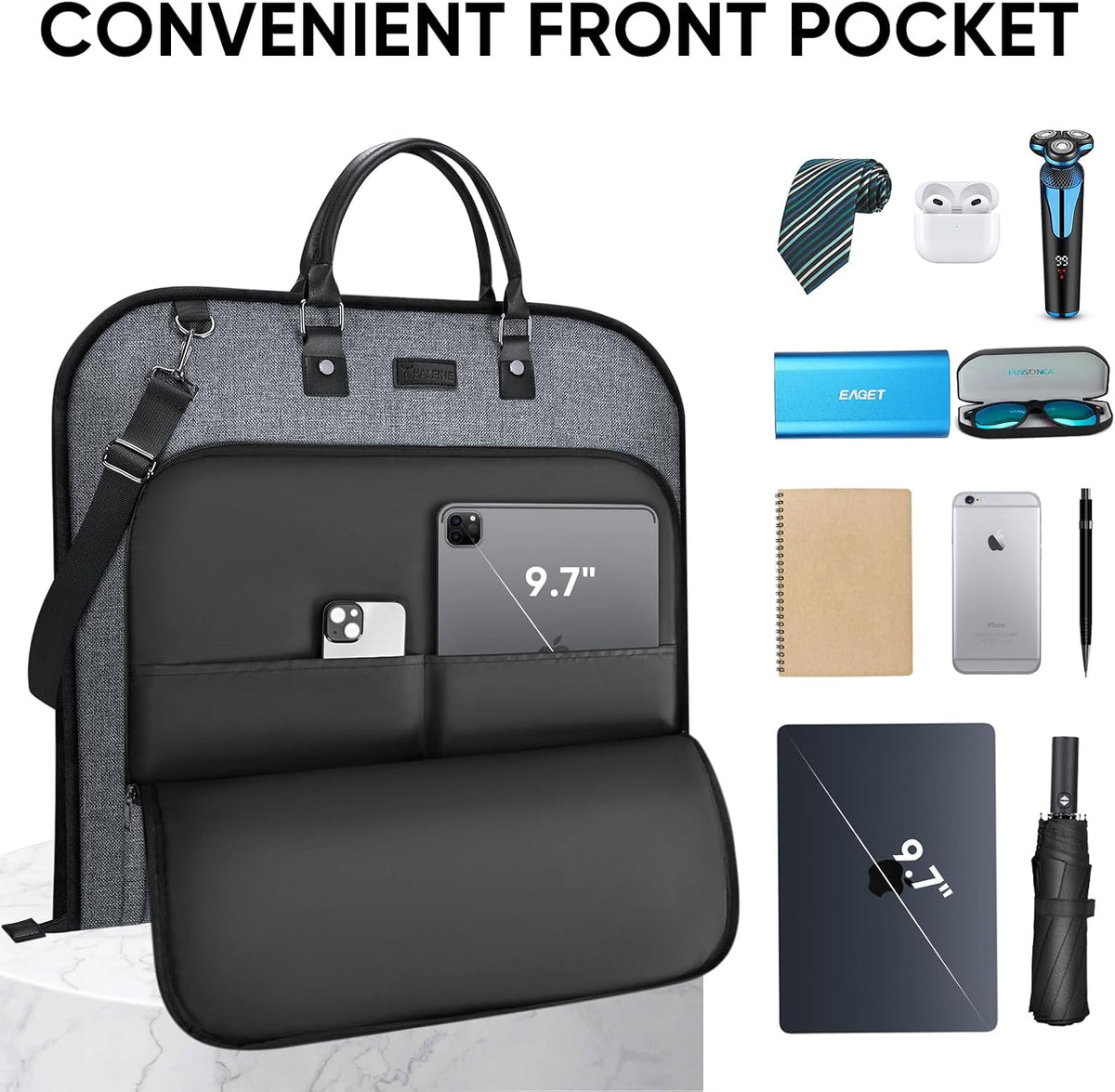 Travel Garment Bag, Travel Suit Bag for Men, Water Resistant Carry on Garment Bag for Hanging Clothes, Garment Duffel Bag for Travel Business (Pure Black-Convertible)