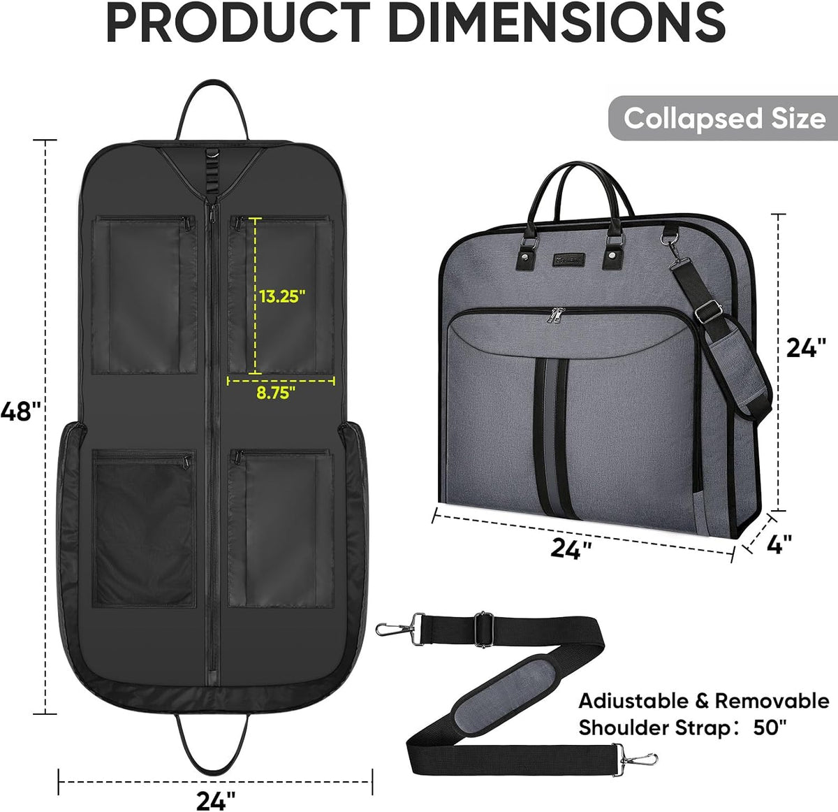 Travel Garment Bag, Travel Suit Bag for Men, Water Resistant Carry on Garment Bag for Hanging Clothes, Garment Duffel Bag for Travel Business (Pure Black-Convertible)