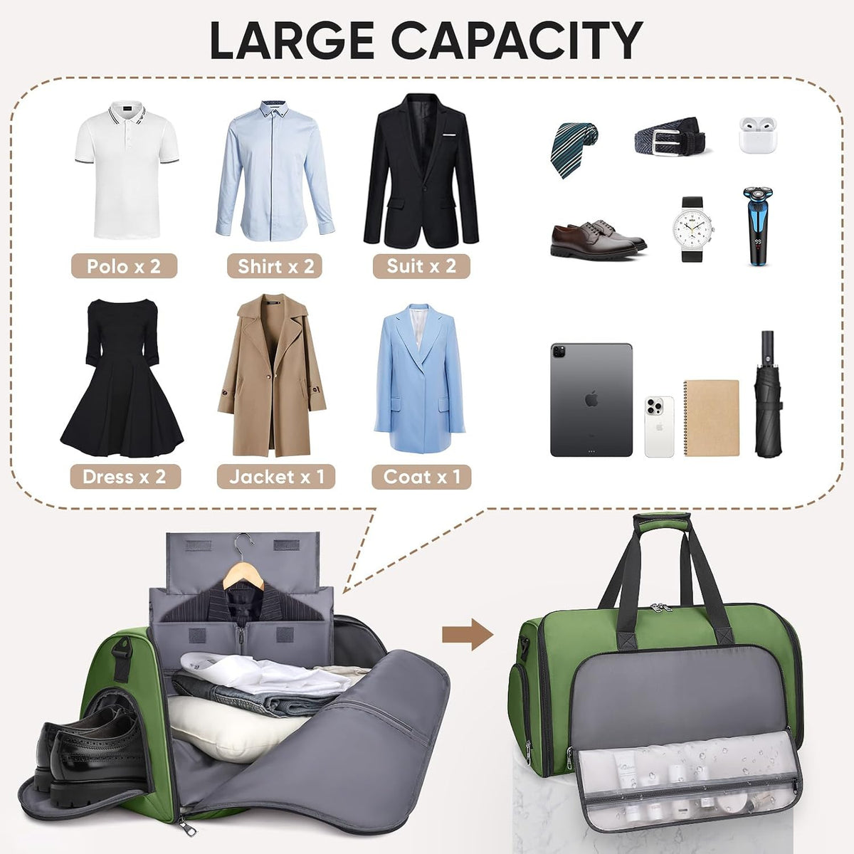 Travel Garment Bag, Travel Suit Bag for Men, Water Resistant Carry on Garment Bag for Hanging Clothes, Garment Duffel Bag for Travel Business (Pure Black-Convertible)