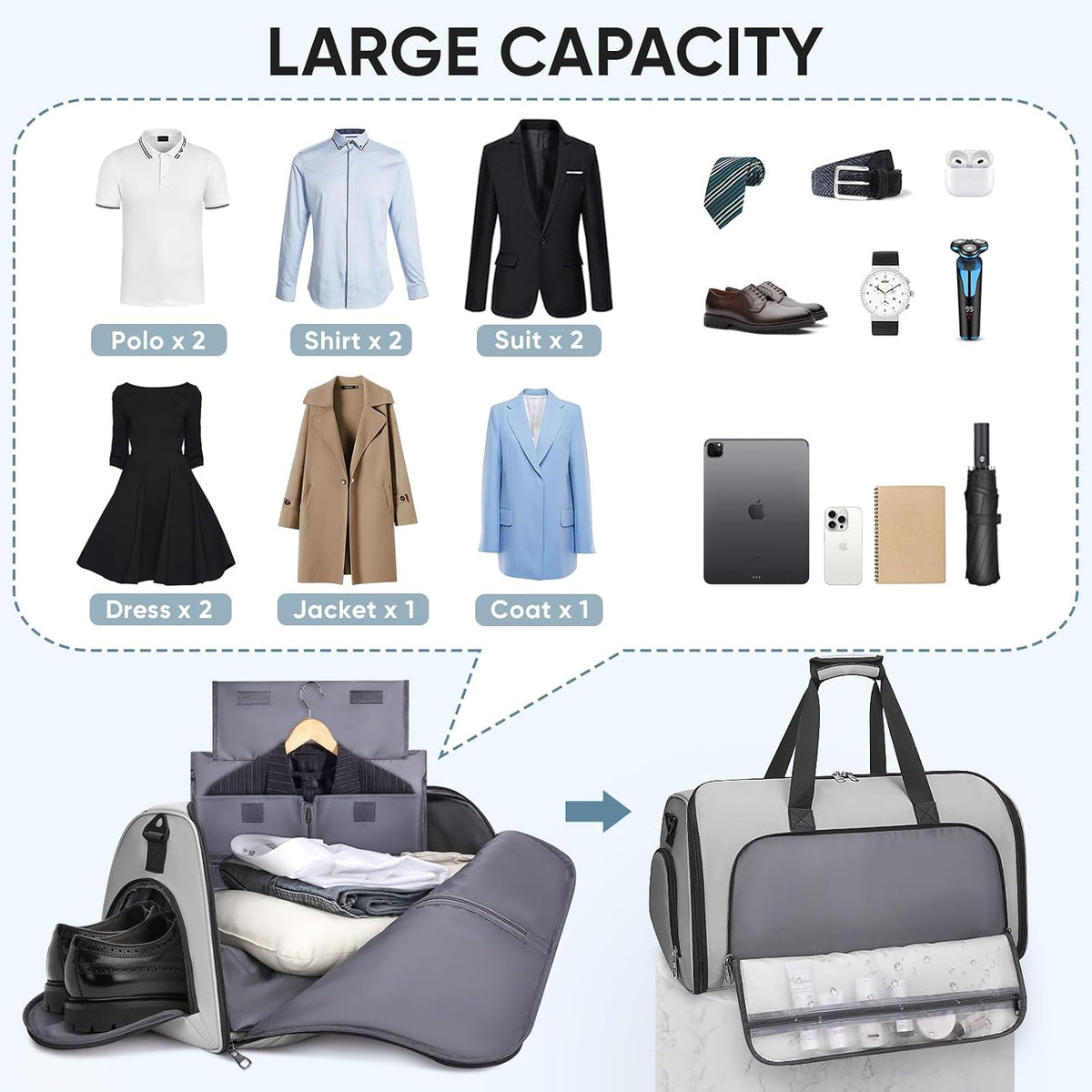 Travel Garment Bag, Travel Suit Bag for Men, Water Resistant Carry on Garment Bag for Hanging Clothes, Garment Duffel Bag for Travel Business (Pure Black-Convertible)