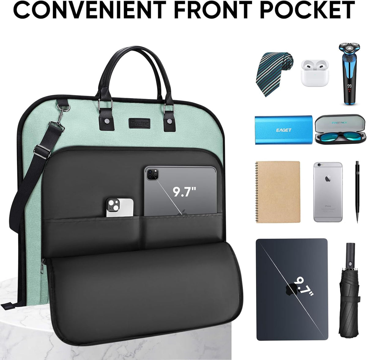 Travel Garment Bag, Travel Suit Bag for Men, Water Resistant Carry on Garment Bag for Hanging Clothes, Garment Duffel Bag for Travel Business (Pure Black-Convertible)