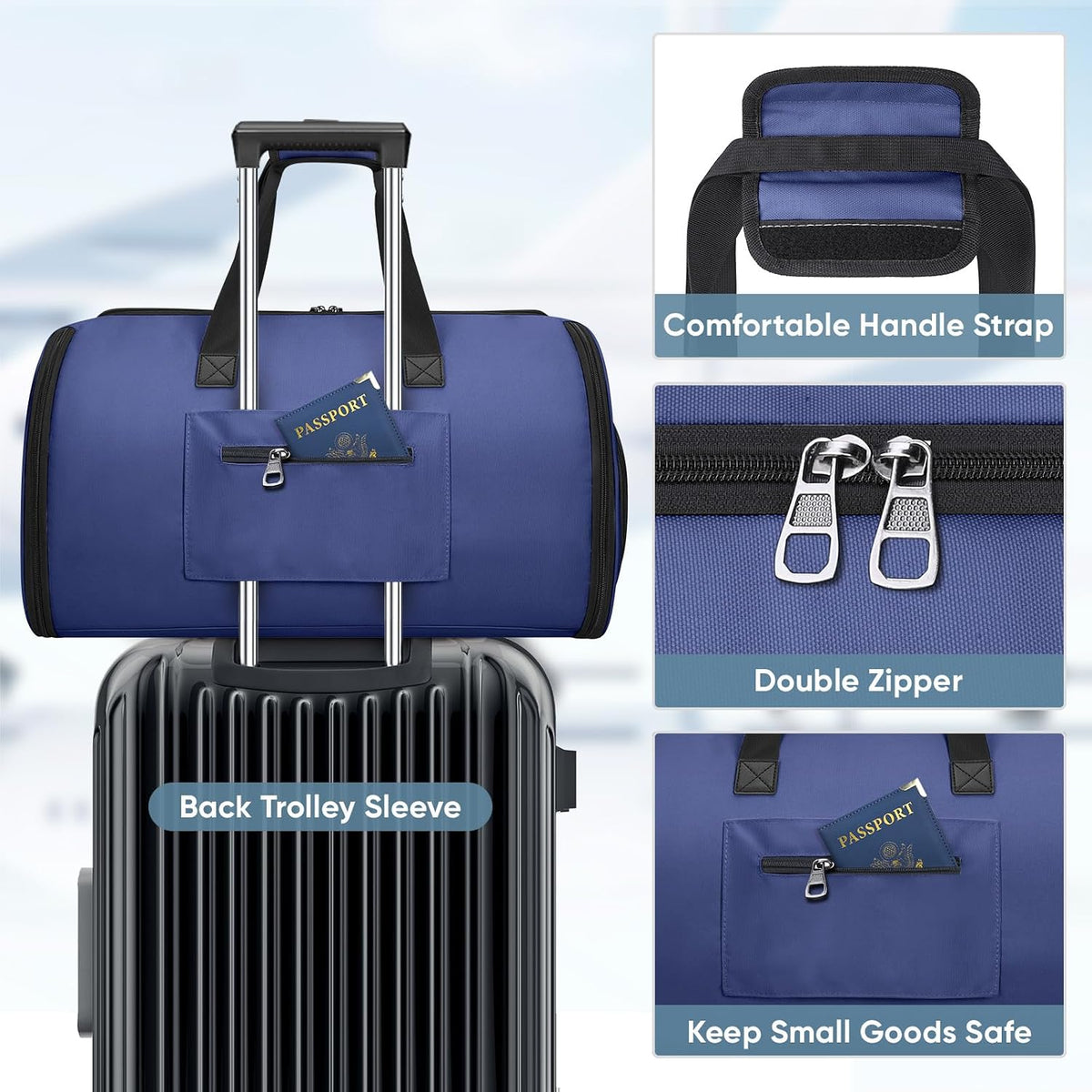 Travel Garment Bag, Travel Suit Bag for Men, Water Resistant Carry on Garment Bag for Hanging Clothes, Garment Duffel Bag for Travel Business (Pure Black-Convertible)