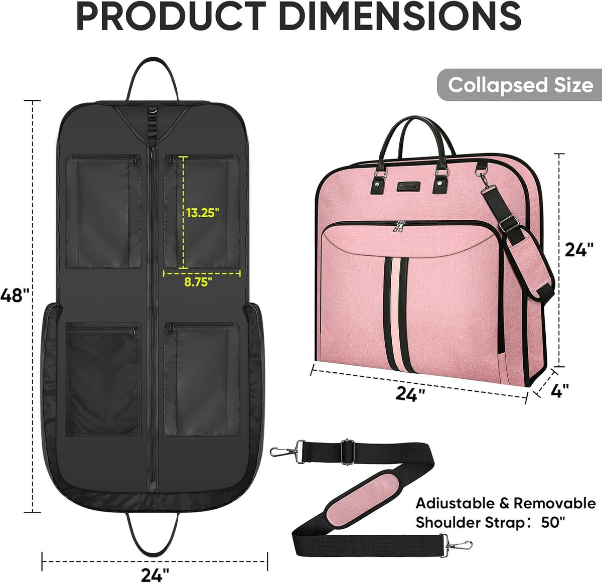 Travel Garment Bag, Travel Suit Bag for Men, Water Resistant Carry on Garment Bag for Hanging Clothes, Garment Duffel Bag for Travel Business (Pure Black-Convertible)