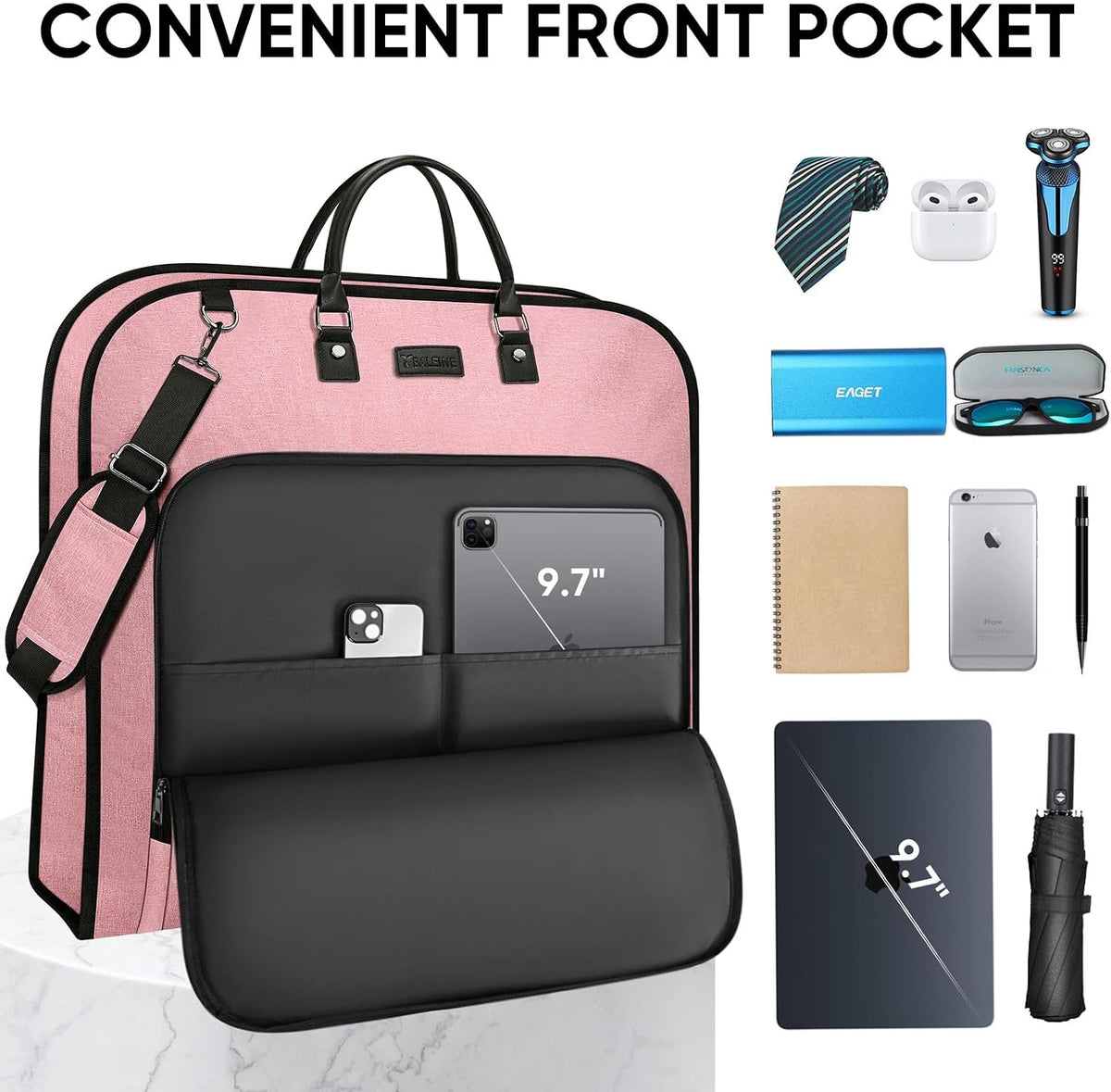 Travel Garment Bag, Travel Suit Bag for Men, Water Resistant Carry on Garment Bag for Hanging Clothes, Garment Duffel Bag for Travel Business (Pure Black-Convertible)