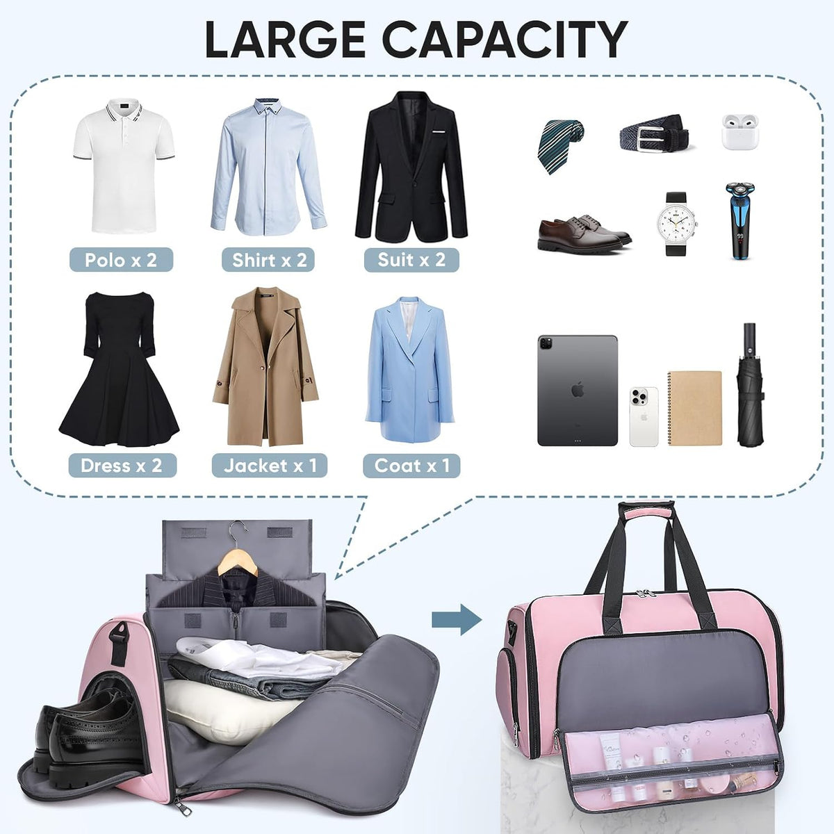 Travel Garment Bag, Travel Suit Bag for Men, Water Resistant Carry on Garment Bag for Hanging Clothes, Garment Duffel Bag for Travel Business (Pure Black-Convertible)