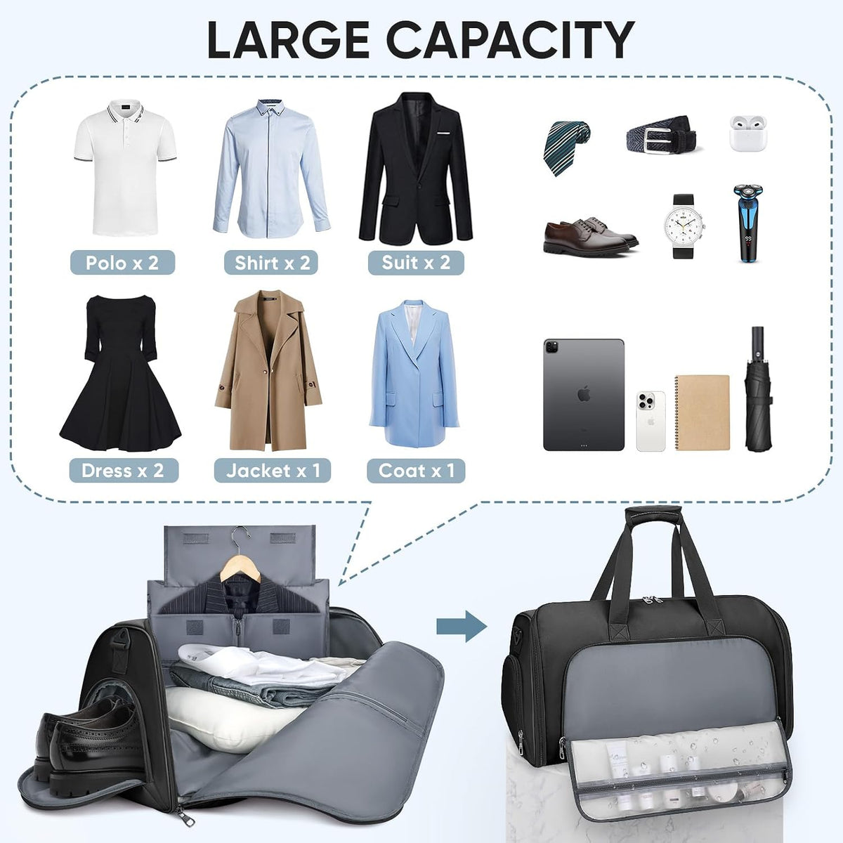 Travel Garment Bag, Travel Suit Bag for Men, Water Resistant Carry on Garment Bag for Hanging Clothes, Garment Duffel Bag for Travel Business (Pure Black-Convertible)