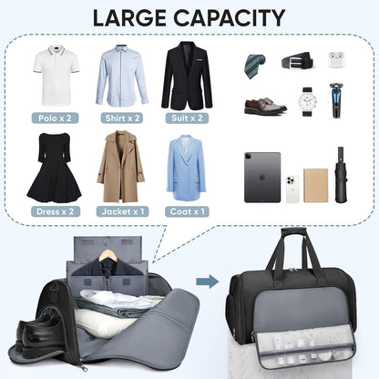 Travel Garment Bag, Travel Suit Bag for Men, Water Resistant Carry on Garment Bag for Hanging Clothes, Garment Duffel Bag for Travel Business (Pure Black-Convertible)