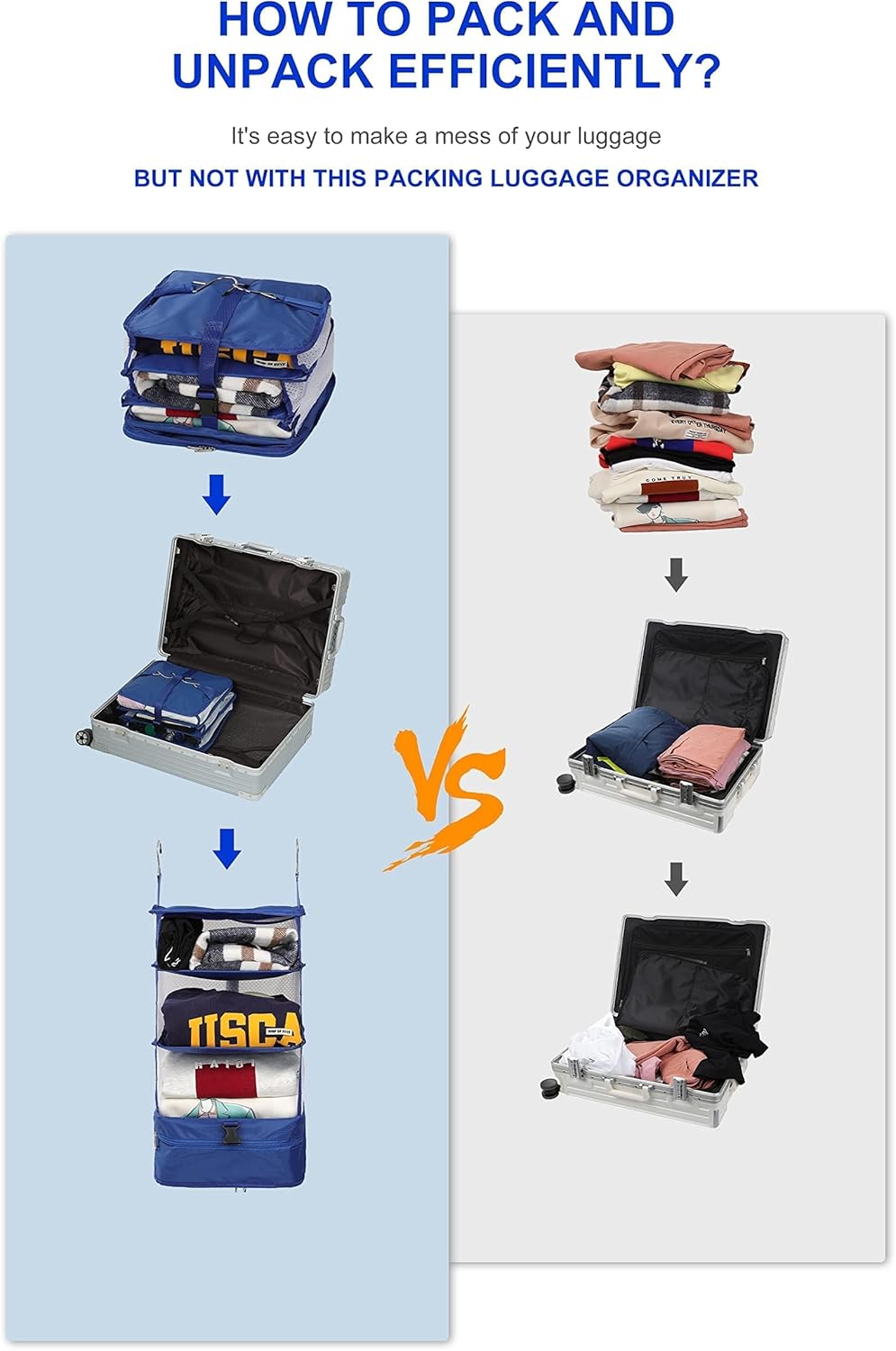 Hanging Packing Cubes Portable Travel Closet Collapsible Compression Clothes Organizer with Built in Shelves for Carry-on Luggage Suitcase Wardrobe X-Large_17.1 * 11.8 * 24.4 IN, Black