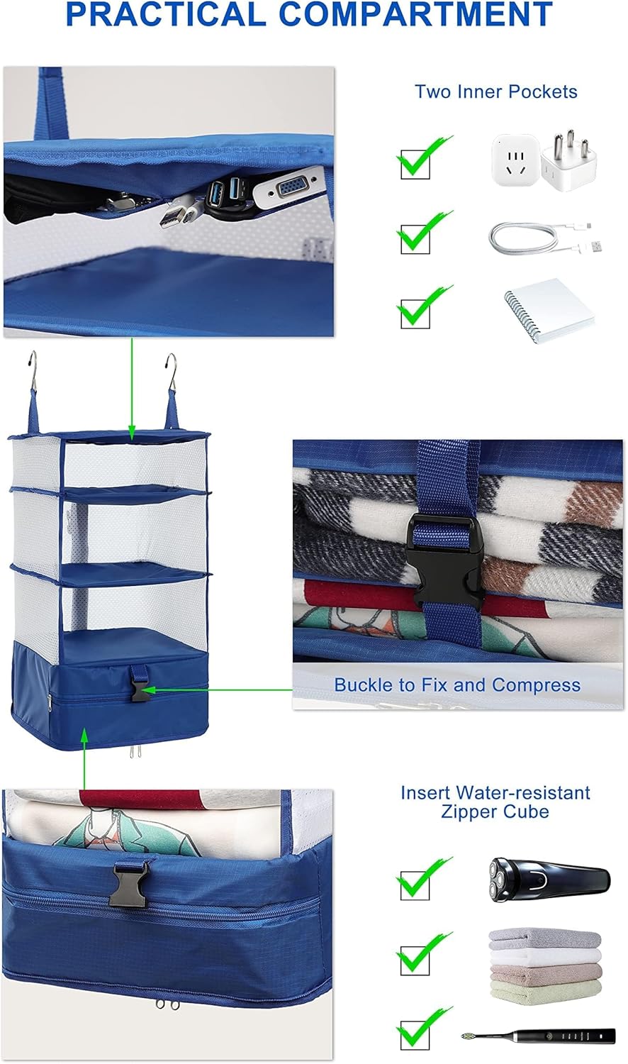 Hanging Packing Cubes Portable Travel Closet Collapsible Compression Clothes Organizer with Built in Shelves for Carry-on Luggage Suitcase Wardrobe X-Large_17.1 * 11.8 * 24.4 IN, Black