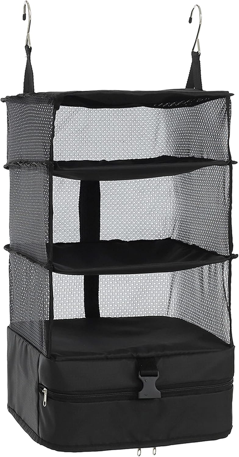 Hanging Packing Cubes Portable Travel Closet Collapsible Compression Clothes Organizer with Built in Shelves for Carry-on Luggage Suitcase Wardrobe X-Large_17.1 * 11.8 * 24.4 IN, Black