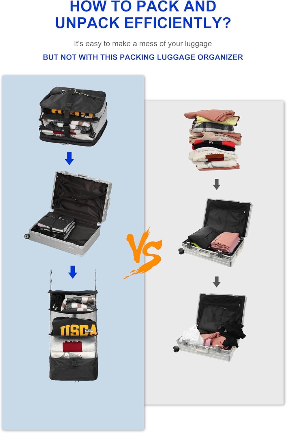 Hanging Packing Cubes Portable Travel Closet Collapsible Compression Clothes Organizer with Built in Shelves for Carry-on Luggage Suitcase Wardrobe X-Large_17.1 * 11.8 * 24.4 IN, Black