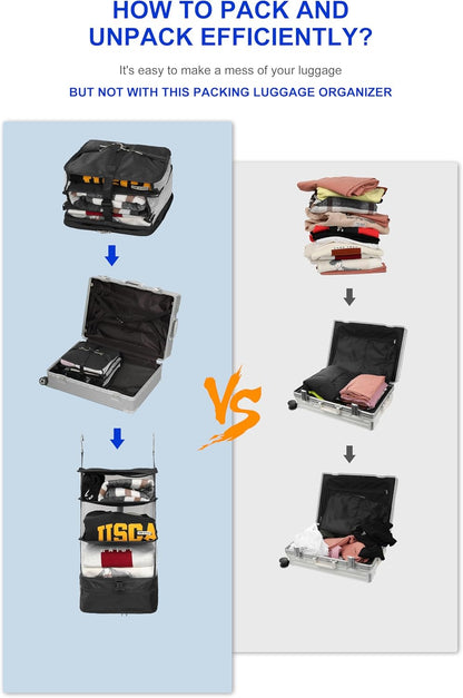 Hanging Packing Cubes Portable Travel Closet Collapsible Compression Clothes Organizer with Built in Shelves for Carry-on Luggage Suitcase Wardrobe X-Large_17.1 * 11.8 * 24.4 IN, Black