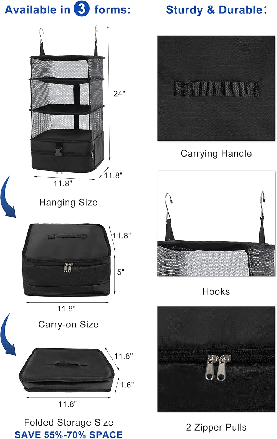 Hanging Packing Cubes Portable Travel Closet Collapsible Compression Clothes Organizer with Built in Shelves for Carry-on Luggage Suitcase Wardrobe X-Large_17.1 * 11.8 * 24.4 IN, Black
