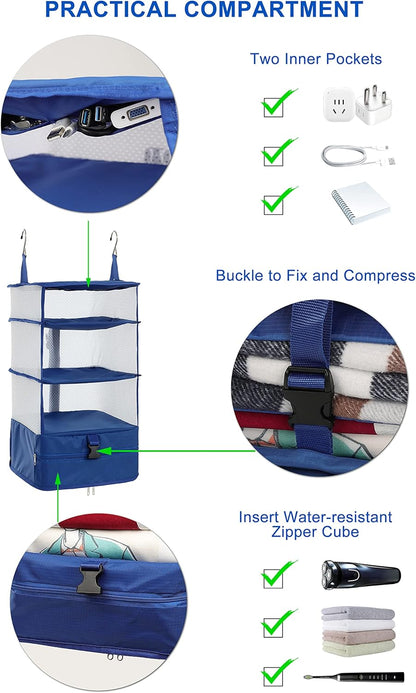 Hanging Packing Cubes Portable Travel Closet Collapsible Compression Clothes Organizer with Built in Shelves for Carry-on Luggage Suitcase Wardrobe X-Large_17.1 * 11.8 * 24.4 IN, Black