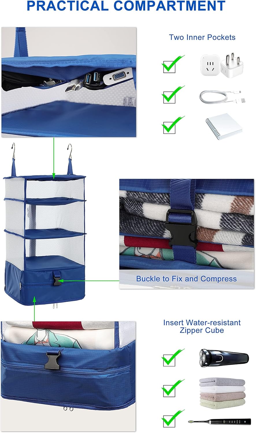 Hanging Packing Cubes Portable Travel Closet Collapsible Compression Clothes Organizer with Built in Shelves for Carry-on Luggage Suitcase Wardrobe X-Large_17.1 * 11.8 * 24.4 IN, Black