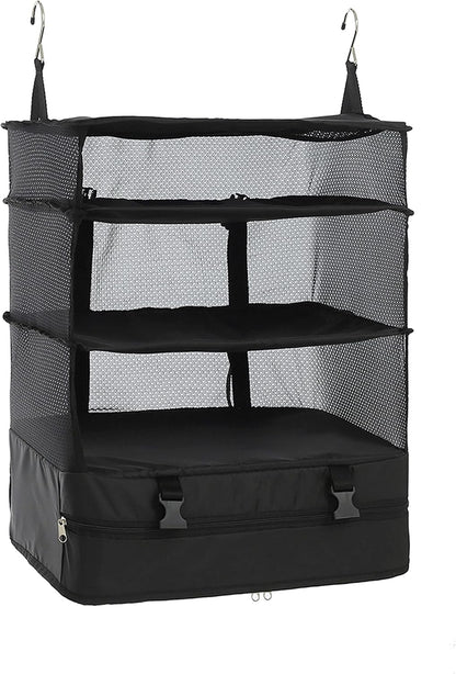 Hanging Packing Cubes Portable Travel Closet Collapsible Compression Clothes Organizer with Built in Shelves for Carry-on Luggage Suitcase Wardrobe X-Large_17.1 * 11.8 * 24.4 IN, Black