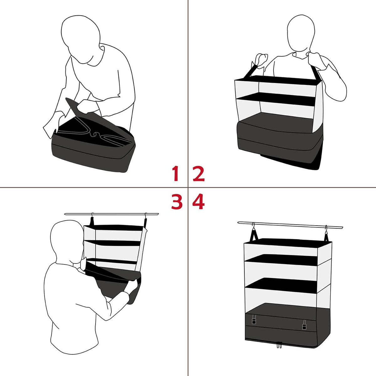 Hanging Packing Cubes Portable Travel Closet Collapsible Compression Clothes Organizer with Built in Shelves for Carry-on Luggage Suitcase Wardrobe X-Large_17.1 * 11.8 * 24.4 IN, Black