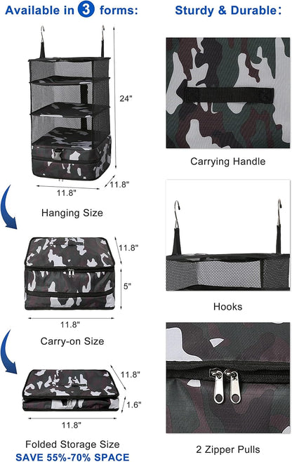 Hanging Packing Cubes Portable Travel Closet Collapsible Compression Clothes Organizer with Built in Shelves for Carry-on Luggage Suitcase Wardrobe X-Large_17.1 * 11.8 * 24.4 IN, Black