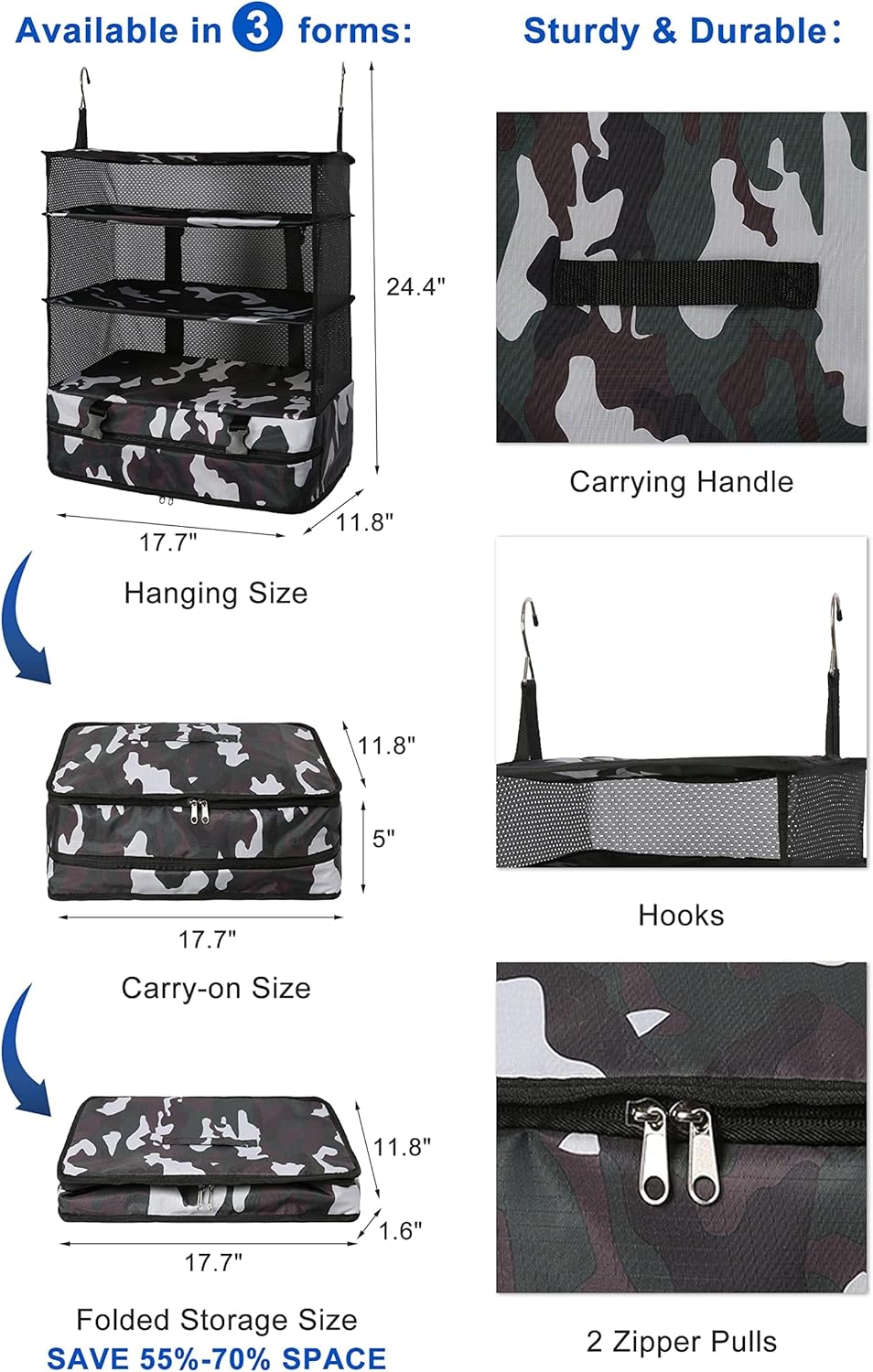 Hanging Packing Cubes Portable Travel Closet Collapsible Compression Clothes Organizer with Built in Shelves for Carry-on Luggage Suitcase Wardrobe X-Large_17.1 * 11.8 * 24.4 IN, Black