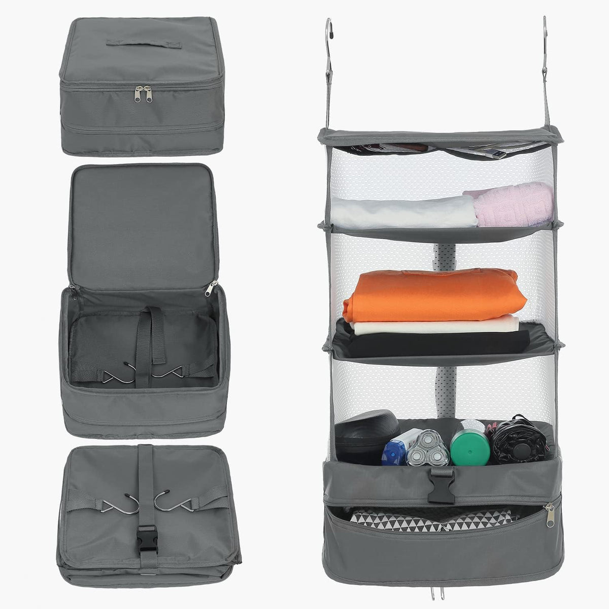 Hanging Packing Cubes Portable Travel Closet Collapsible Compression Clothes Organizer with Built in Shelves for Carry-on Luggage Suitcase Wardrobe X-Large_17.1 * 11.8 * 24.4 IN, Black