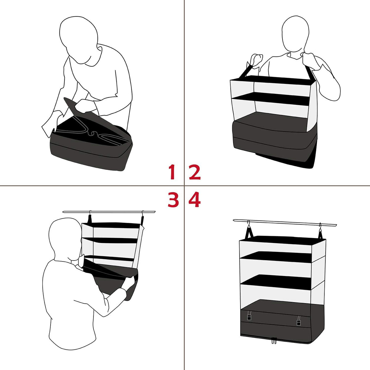 Hanging Packing Cubes Portable Travel Closet Collapsible Compression Clothes Organizer with Built in Shelves for Carry-on Luggage Suitcase Wardrobe X-Large_17.1 * 11.8 * 24.4 IN, Black