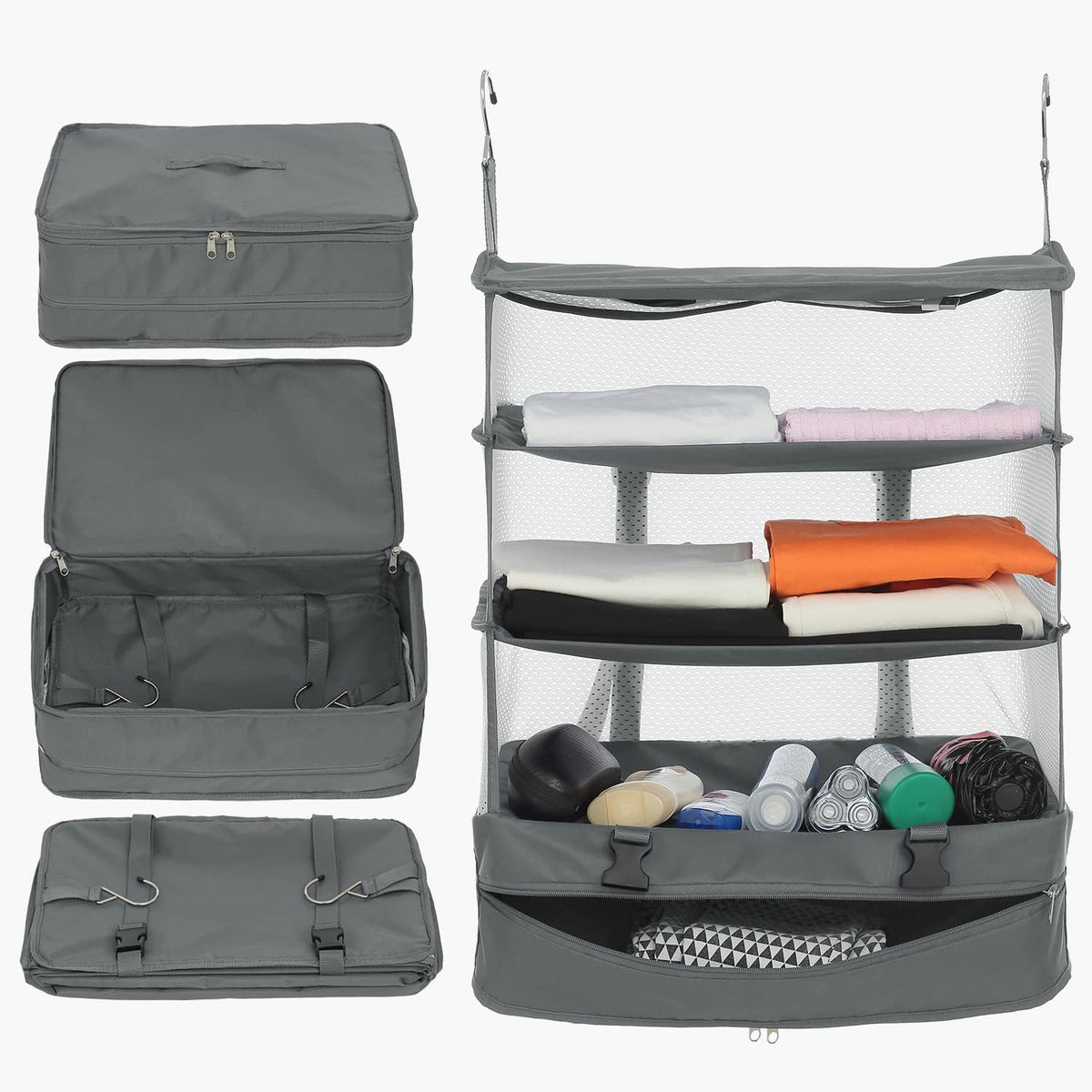 Hanging Packing Cubes Portable Travel Closet Collapsible Compression Clothes Organizer with Built in Shelves for Carry-on Luggage Suitcase Wardrobe X-Large_17.1 * 11.8 * 24.4 IN, Black