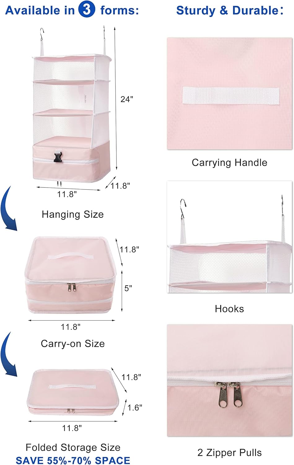 Hanging Packing Cubes Portable Travel Closet Collapsible Compression Clothes Organizer with Built in Shelves for Carry-on Luggage Suitcase Wardrobe X-Large_17.1 * 11.8 * 24.4 IN, Black