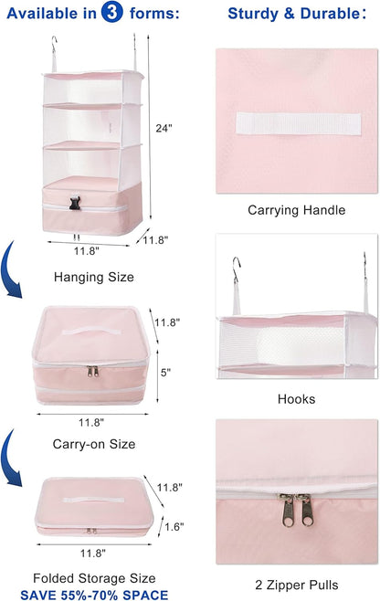 Hanging Packing Cubes Portable Travel Closet Collapsible Compression Clothes Organizer with Built in Shelves for Carry-on Luggage Suitcase Wardrobe X-Large_17.1 * 11.8 * 24.4 IN, Black