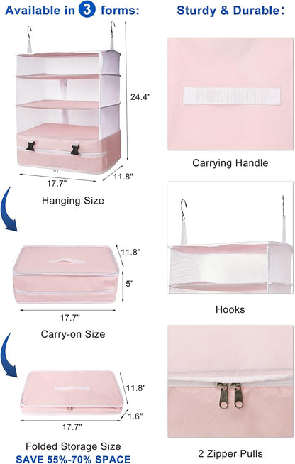 Hanging Packing Cubes Portable Travel Closet Collapsible Compression Clothes Organizer with Built in Shelves for Carry-on Luggage Suitcase Wardrobe X-Large_17.1 * 11.8 * 24.4 IN, Black