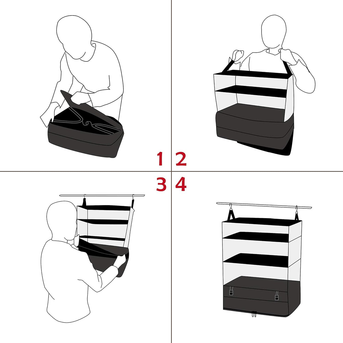 Hanging Packing Cubes Portable Travel Closet Collapsible Compression Clothes Organizer with Built in Shelves for Carry-on Luggage Suitcase Wardrobe X-Large_17.1 * 11.8 * 24.4 IN, Black